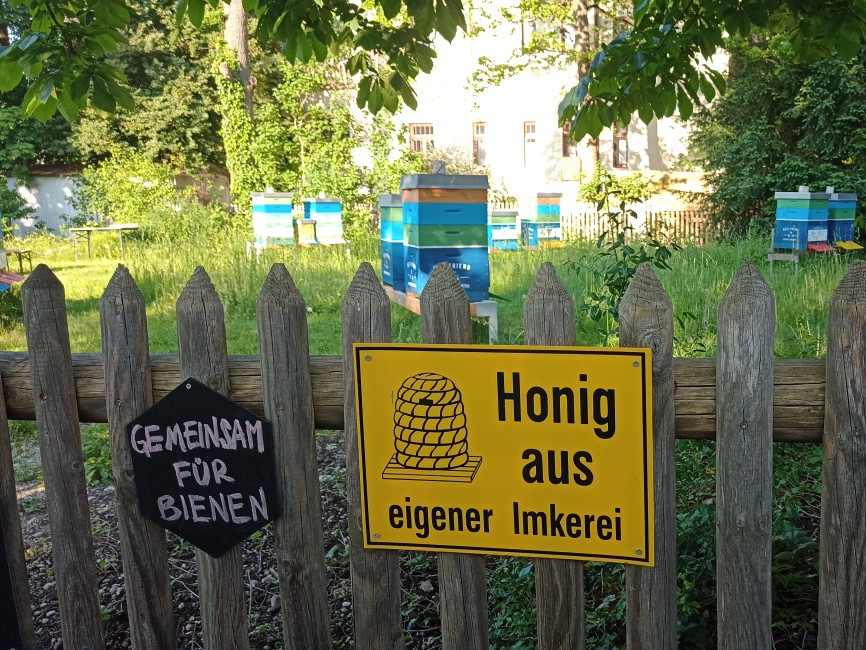 Holzzaun mit Schildern: Lebensraum für Bienen und Honig aus eigener Imkerei